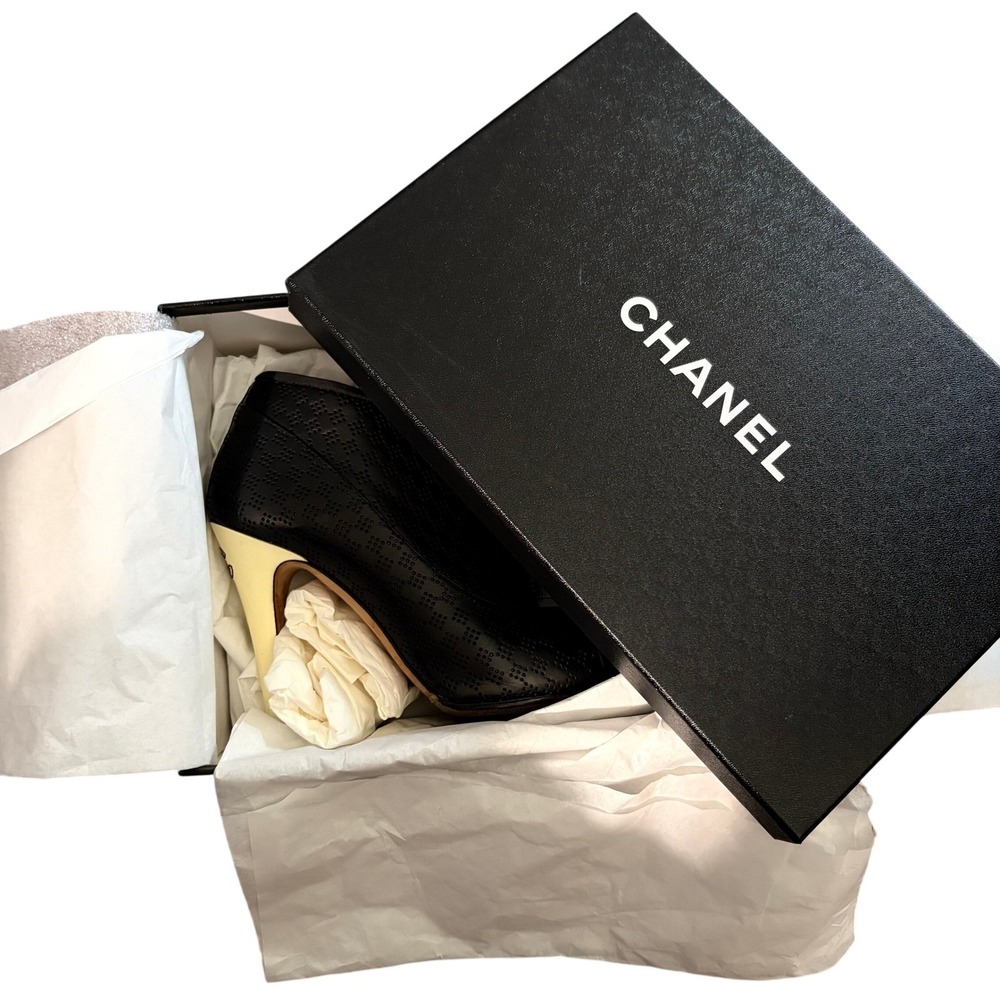 Chanel CC Heel Peep Toe Booties COA 37.5 Black Gold Perforated Leather 4" BOX - Picture 3 of 12